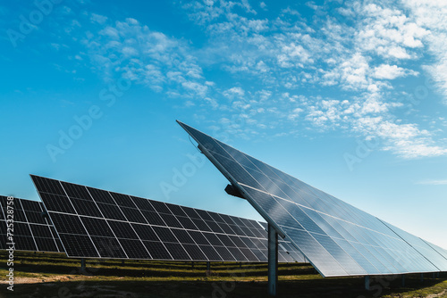 Quadro su tela side of row of solar panels in photovoltaic solar plant, bright sunny day