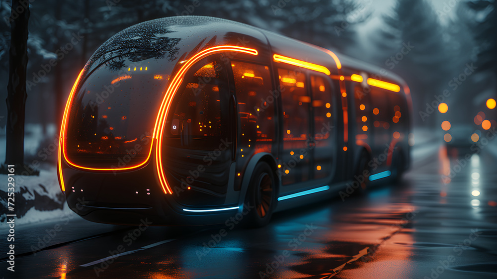 A futuristic autonomous electric bus with dynamic lighting travels along a smart city street at night.

