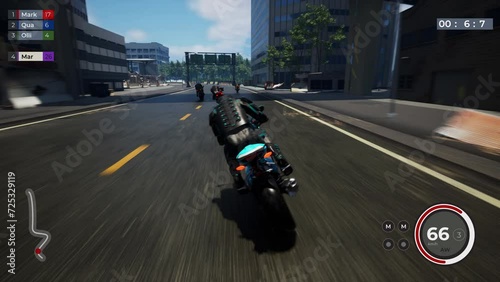 Gamer suffering defeat in the competitive simulator racing track challenge. Player defeated by the opponents on the city racing track. Defeat in the motorcycle race on the street track. photo