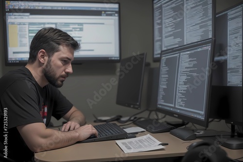 Engineer Engaged in Computer Work in Office Embodying Engineering and Architecture Concept