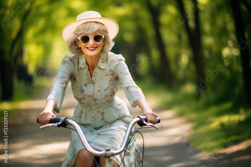 An elegant elderly lady in a chic summer dress and sunhat, riding a vintage bicycle in a park © Hanna Haradzetska
