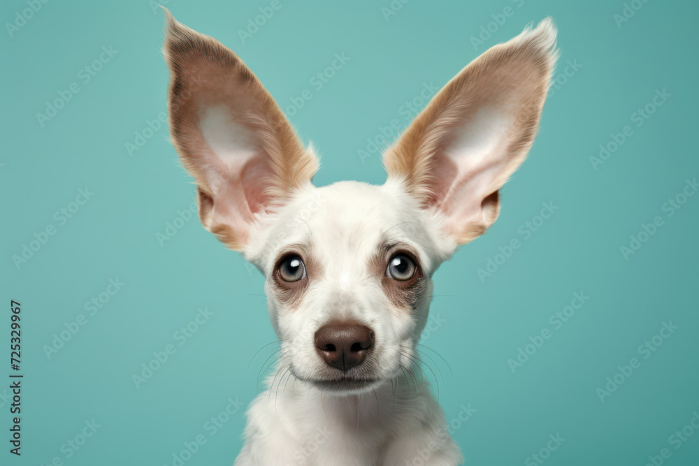 Photo of a dog's erect ears sticking out from below, against a pastel blue background