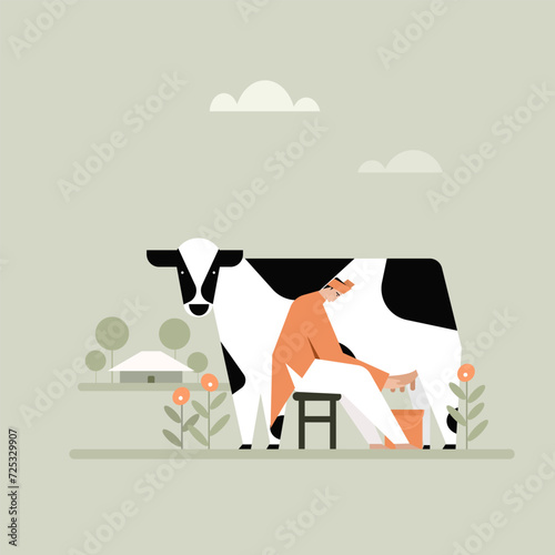 Illustration of an Indian farmer milking a cow in the outdoor