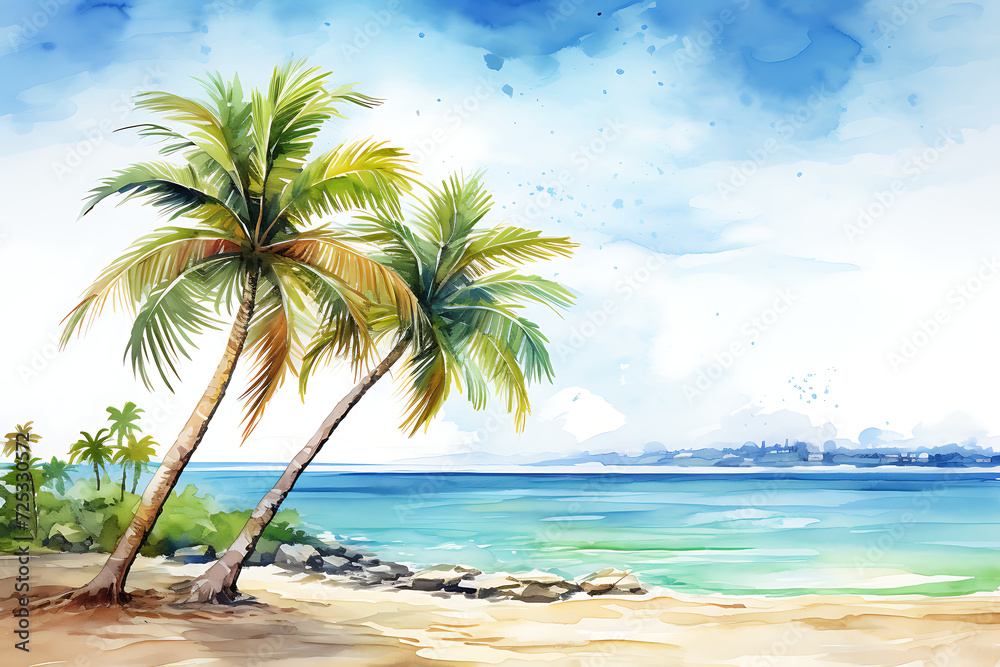 Tropical beach with palm trees. Watercolor hand drawn illustration