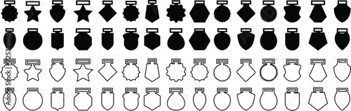 Set of Medal template icons. Award shapes illustration signs in trendy flat styles with editable stock. Winner or victory badge medals. Medals laser cutting symbols isolated transparent background.
