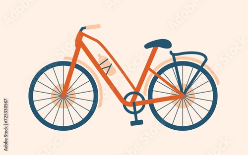 Cute illustration of red bicycle. Trendy minimal art. Cartoon clip art with transport, vehicle, bike for card, banner, sticker, icon. Cottagecore, village life concept. 