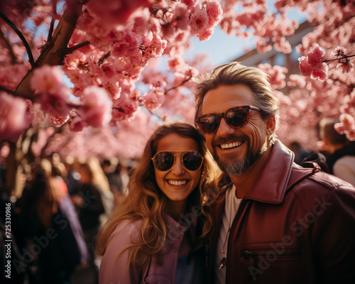 Happy couple with sunglasses during springtime under the cherry trees blossoming.