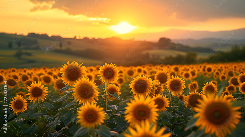 A photo of sunflowers, with golden fields as the background, during a vibrant Tuscan sunset