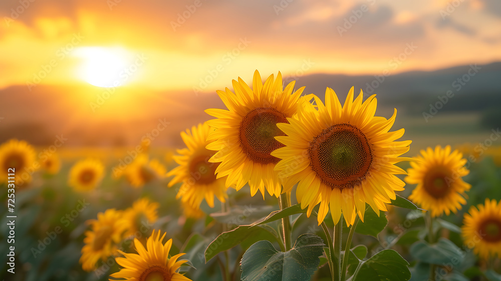 A photo of sunflowers, with golden fields as the background, during a vibrant Tuscan sunset