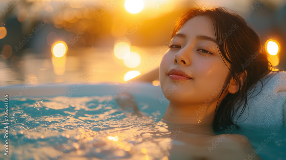 Serene portrait of a young Japanese woman, relaxing in a spa resort hot tub, Ai Generated.