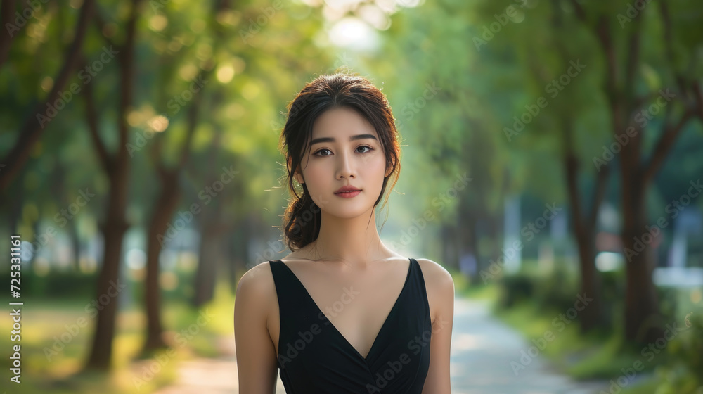 Asian woman in a black dress strolls in the park, radiating elegance, Ai Generated. Asian woman in a black dress strolls in the park, radiating elegance, Ai Generated.