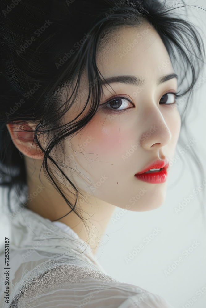 Portrait of a beautiful Japanese woman against a white background, Ai Generated. Portrait of a beautiful Japanese woman against a white background, Ai Generated.