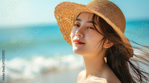 Young Asian woman in a straw hat at the beach, radiating warmth, Ai Generated.