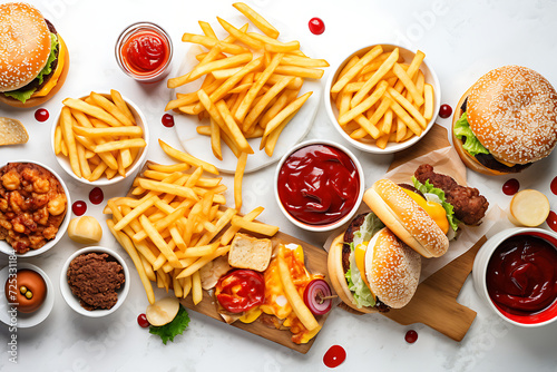 Variety of fast food - hamburgers, french fries, vegetables and sauces. Top view