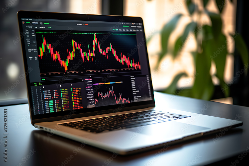 Laptop with stock market chart on screen. Financial and trading concept. Laptop with stock market chart on screen. Financial and trading concept.