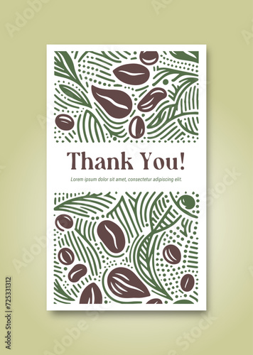 thank you card design with a coffee beans and abstract pattern