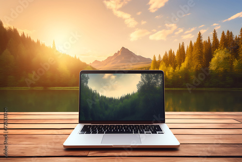 Laptop on wooden table with mountain and lake background at sunrise.
