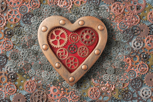 Steampunk decorated heart on background with cogwheels. Valentine's Day concept in steampunk style