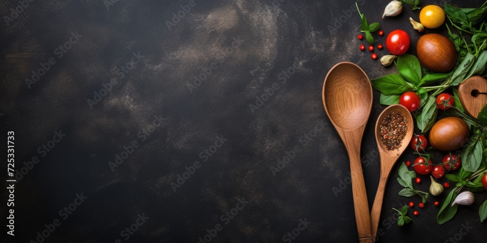 Vegetarian food concept with wooden spoon and dark background. - obrazy, fototapety, plakaty 