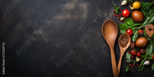 Vegetarian food concept with wooden spoon and dark background. photo