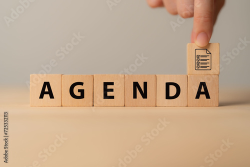 Agenda meeting appointment activity information concept. List of meeting activities in order to be taken up, beginning with the call to order, ending with adjournment. Effective team meeting agenda. photo