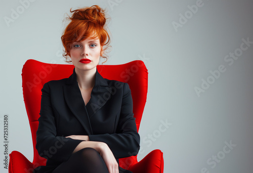 Young woman sitting on a red armchair. Clean blank background. Copy space.