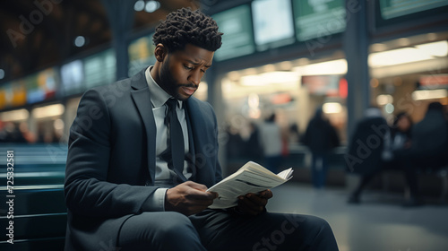 Afroamerican man sitting on platform on bench and browsing documents photo