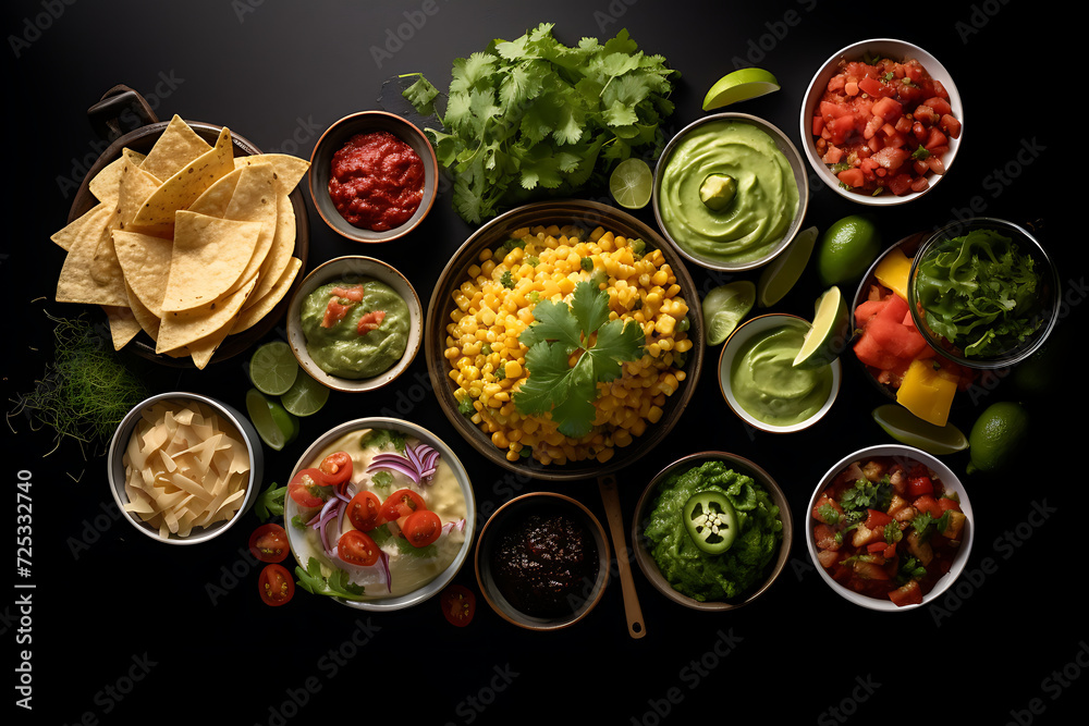 Nachos, guacamole and salsa with ingredients on black background