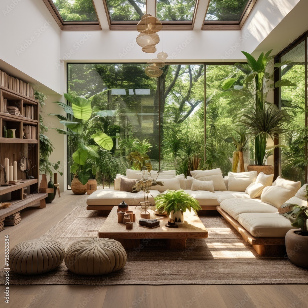 Φωτογραφία Living room with biophilic design and wooden furniture