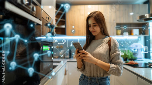 woman using a mobile phone for internet of things home