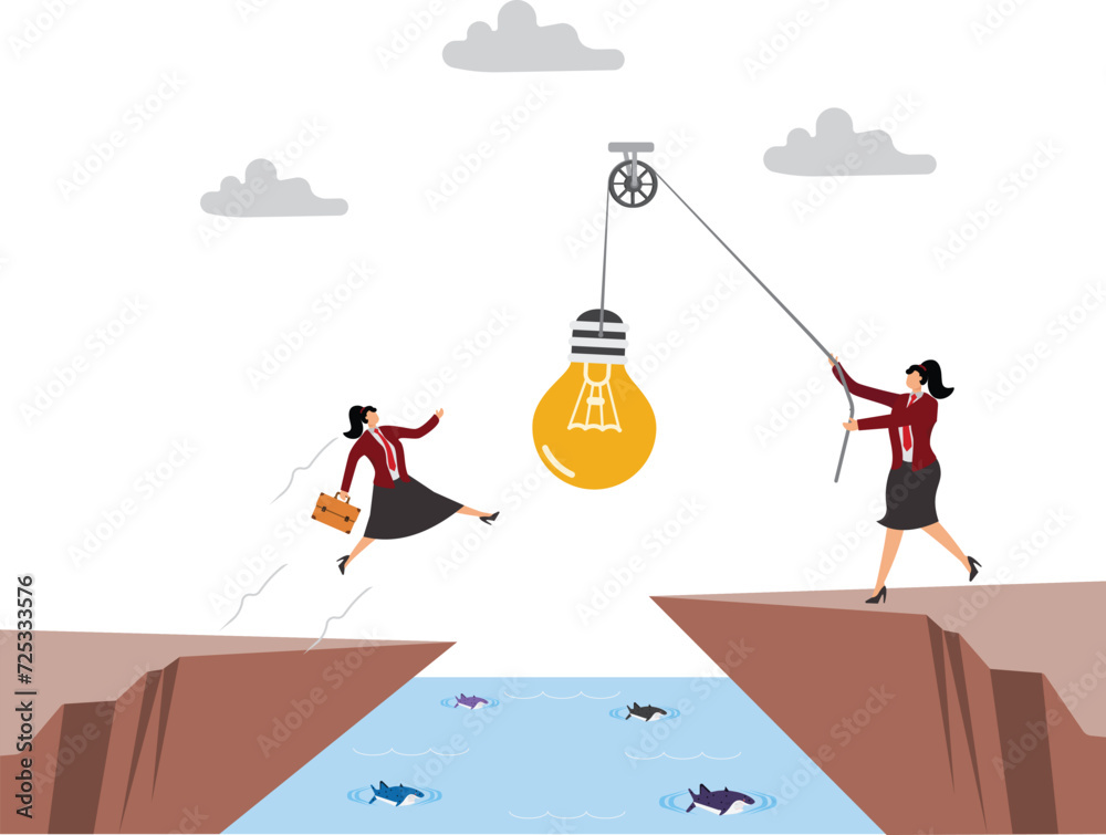Businesswoman jumping off cliff abyss for a big hanging light bulb idea