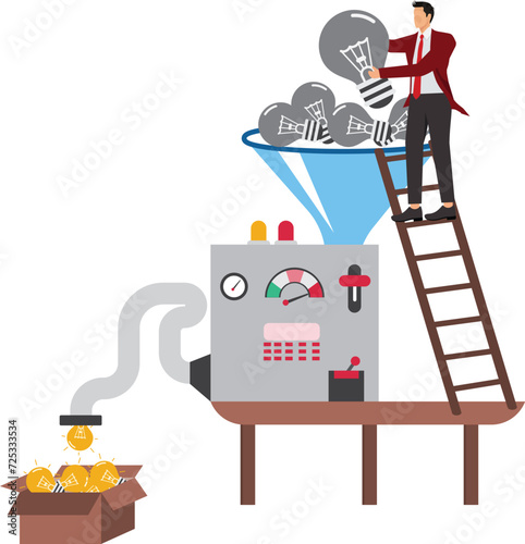 Brainstorming concept, Businessman putting lots of idea bulbs into machine