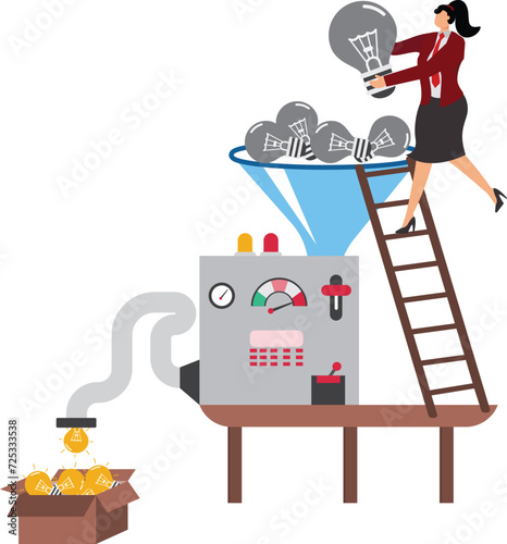 Brainstorming concept, Businesswoman putting lots of idea bulbs into machine
