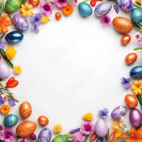 Easter card with eggs, flowers, and empty space in the center. Easter frame for greeting cards and more. Colorful Eggs composition for spring holiday. Banner with cute eggs and floral objects.