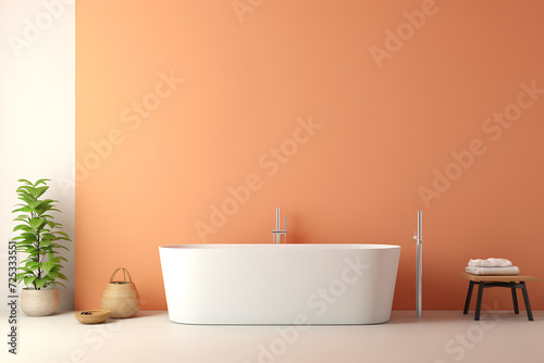 Bathroom interior with white bathtub and orange wall. 3d render