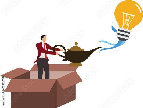 Businessman finds a magic lamp and unleashes the charismatic idea light bulb within