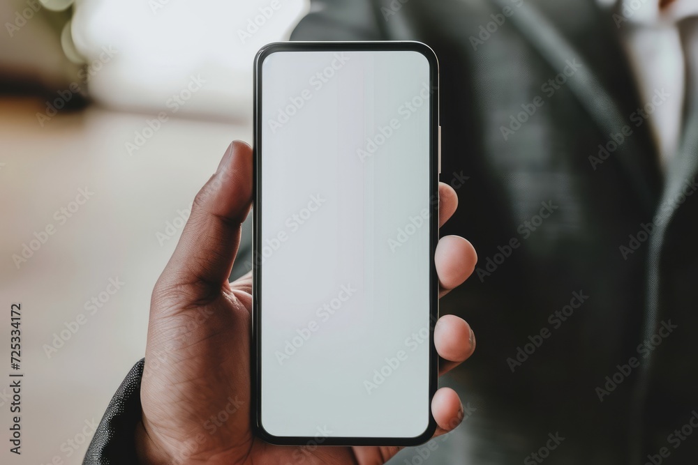 Mockup image of a hand holding smartphone with blank white screen