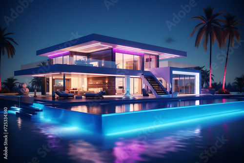 Illuminated modern house with pool at night. 3d rendering © Creative
