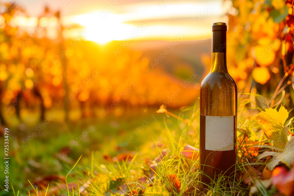 A bottle of wine on the grass in the vineyard at beautiful sunset, autumn season.