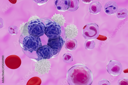 White blood cells with T-cell lymphoma - closeup view 3d illustration