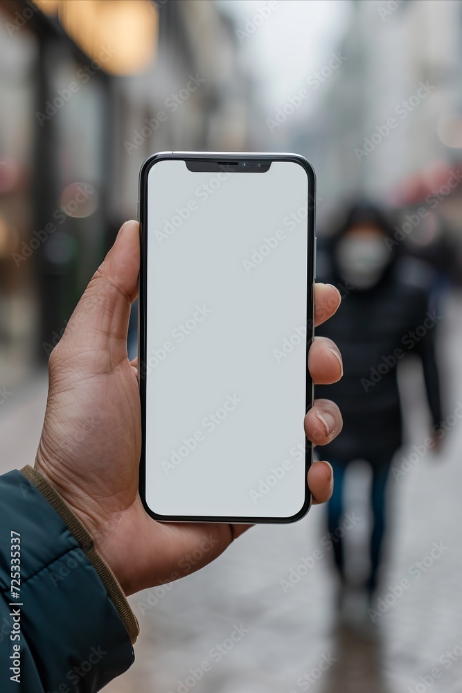 Mockup image of a smartphone with a white screen in a man's hand on the background of a blurred street. Mockup image of a smartphone with a white screen in a man's hand on the background of a blurred street.