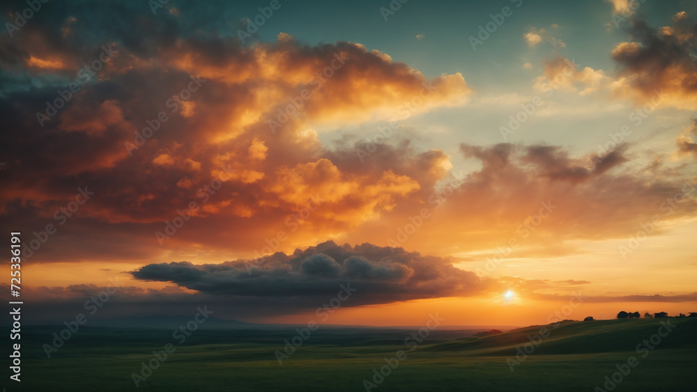 The sun is setting behind a large cloud in this picturesque scene, casting a warm glow over the landscape. The sky is filled with clouds of various sizes and shapes.