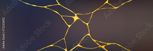 Golden kintsugi crack pattern on gray background. Vector realistic illustration of broken stone, marble, concrete surface, abstract yellow breakage lines, mosaic design effect, japanese repair style