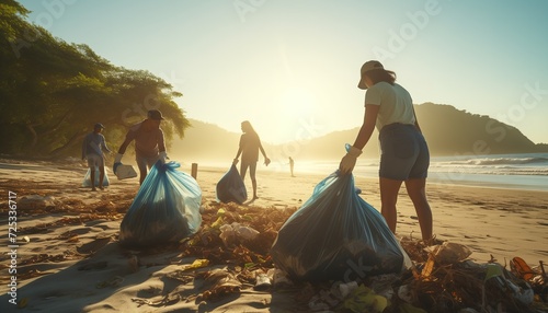 friends at the beach picking up trash photo
