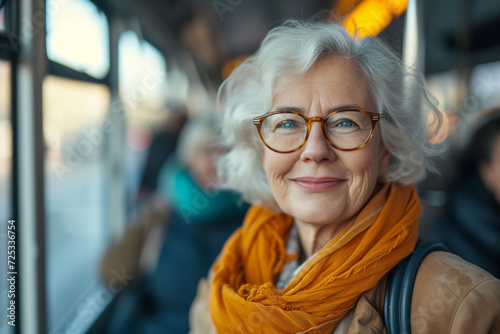 Portrait of a happy senior woman traveling by bus taking public transportation to reduce air pollution.