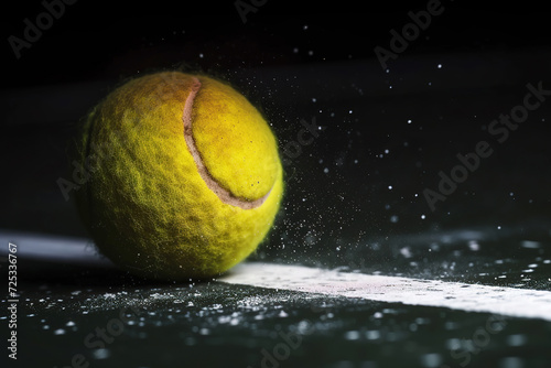 tennis ball on black background. concept photo of chalk dust from hitting the line © arhendrix