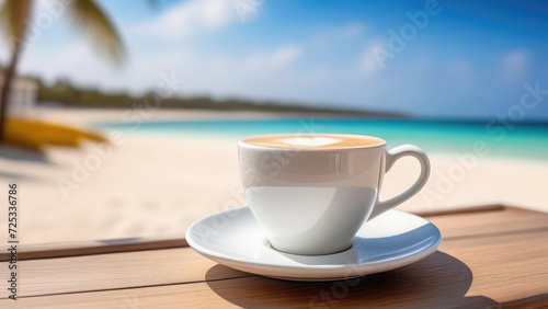 Cup of coffee on white saucer on beach bar counter, blue sky, white oceanic sand, light blurred background, selective focus, copy space