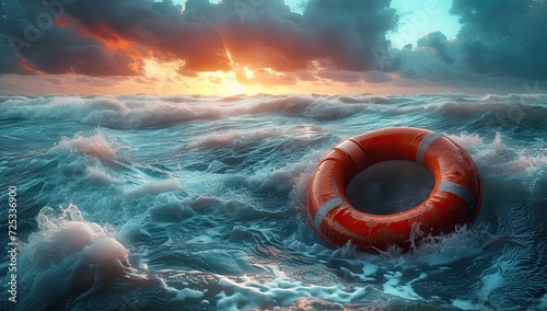 Saving buoy floating in blue sea symbolizing rescue and protection. It emphasizes concept of safety help and survival in dangerous water situations. Life ring is surrounded by waves photo