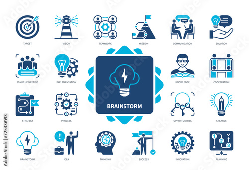 Brainstorm icon set. Vision, Target, Planning, Communication, Idea, Thinking, Solution, Implementation. Duotone color solid icons