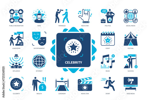 Celebrity icon set. Public Recognition, Paparazzi, Music, Mass Media, Movie Star, Fame, Ceremony, Internet. Duotone color solid icons